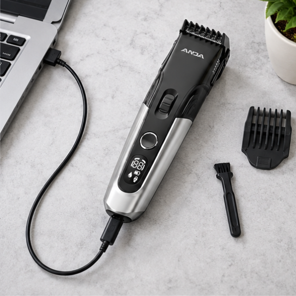 LCD Hair Clipper connected to a USB charging cable beside a laptop and grooming accessories on a desk.
