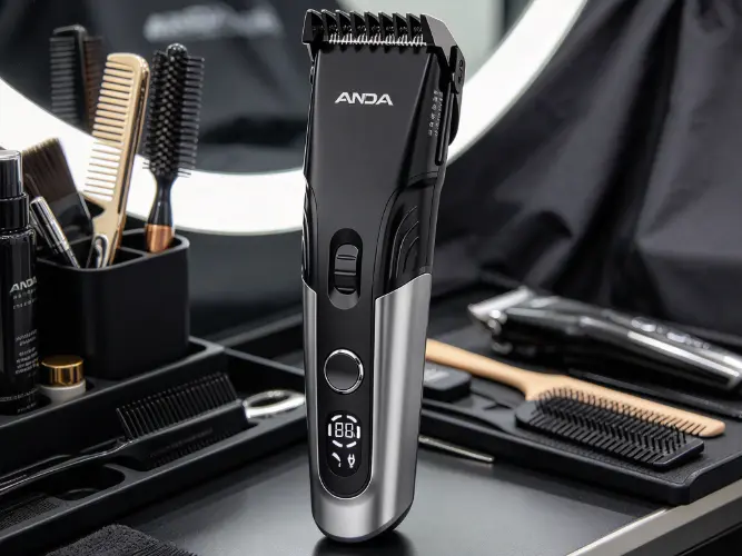 Actual size LCD hair clipper on barber station with blurred cape comb tool holder and bright salon lighting.